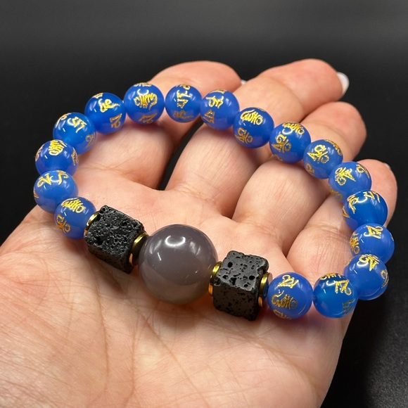 LIGH BLUE AGATE OM + CHALCEDONY NATURAL STONES BRACELET size7 - Picture 7 of 11